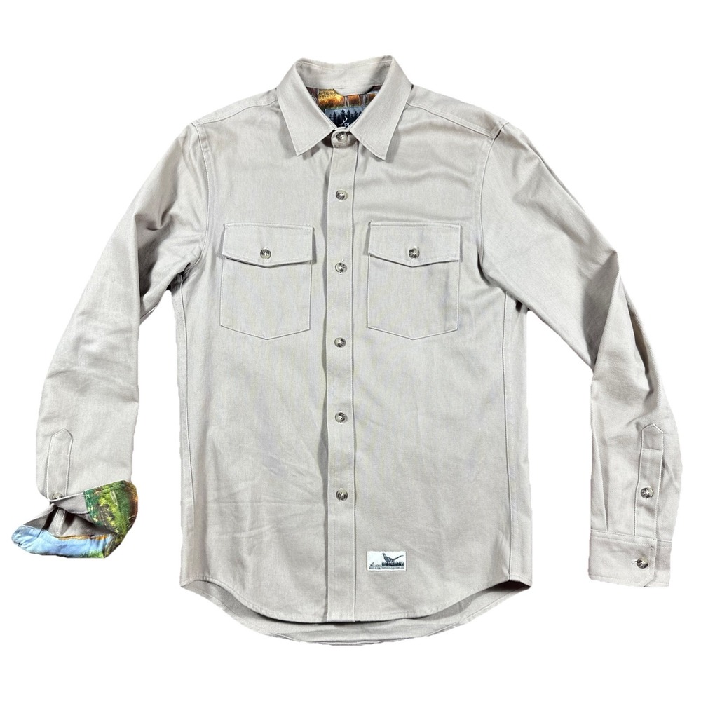 Pladra Flannel Shirt Mens Small LS Wildlife Print Flip Cuff Khaki Tan Twill
